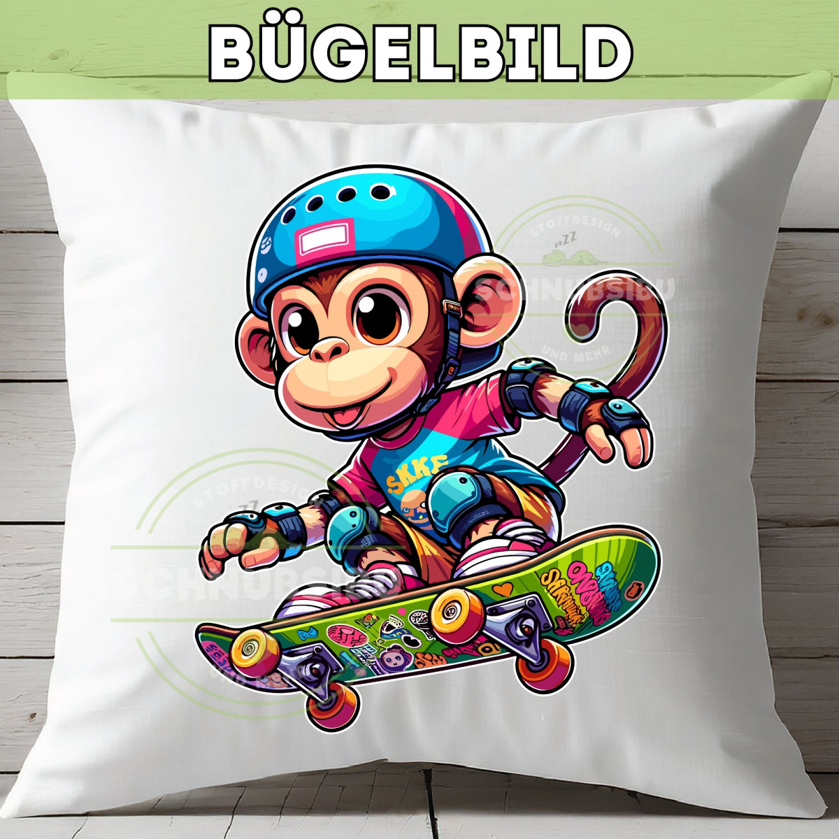 Bügelbild Affe auf Skateboard
